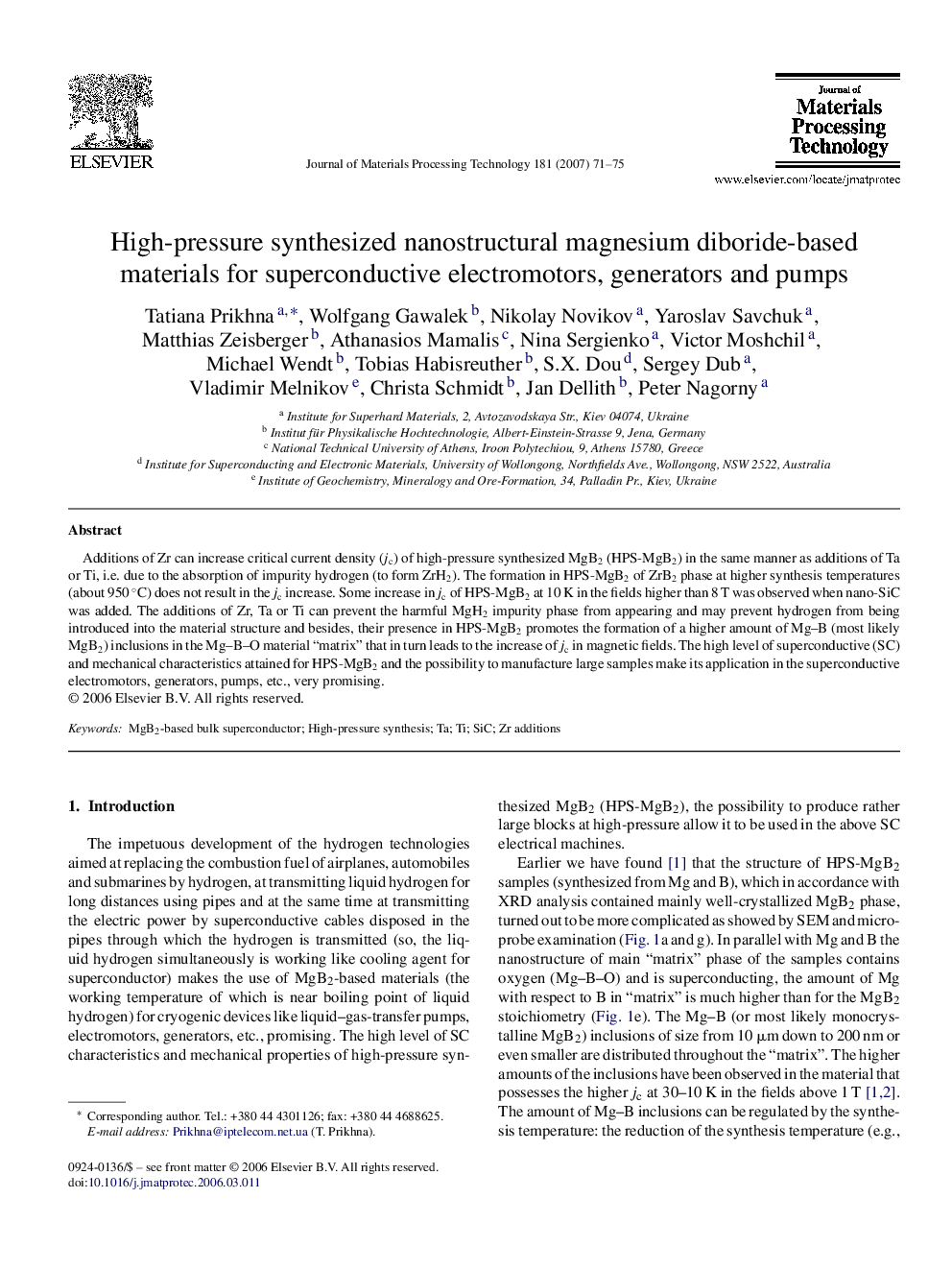 High-pressure synthesized nanostructural magnesium diboride-based materials for superconductive electromotors, generators and pumps