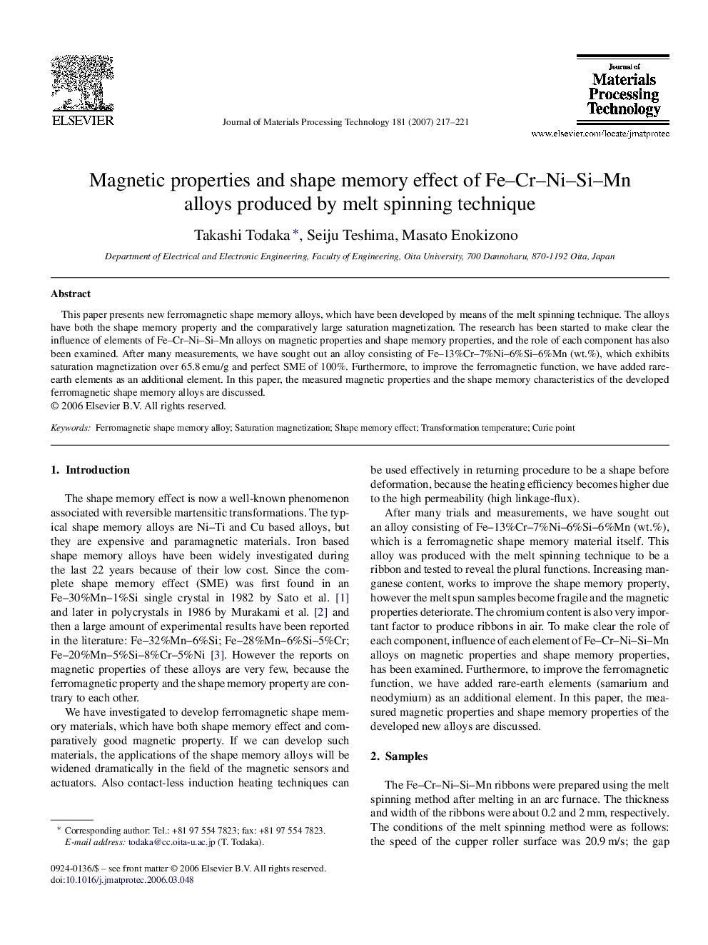 Magnetic properties and shape memory effect of Fe–Cr–Ni–Si–Mn alloys produced by melt spinning technique