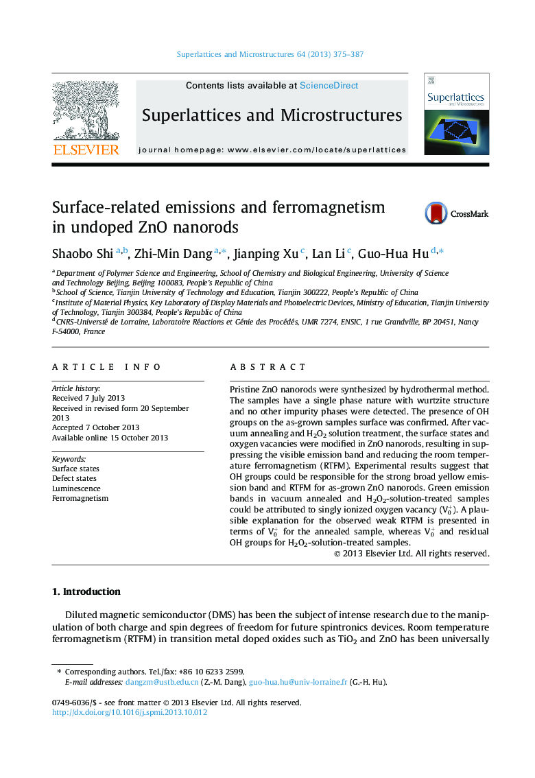 Surface-related emissions and ferromagnetism in undoped ZnO nanorods