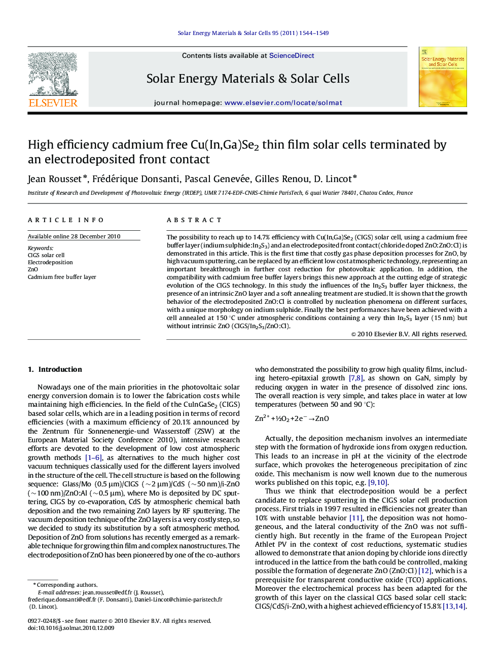 High efficiency cadmium free Cu(In,Ga)Se2 thin film solar cells terminated by an electrodeposited front contact