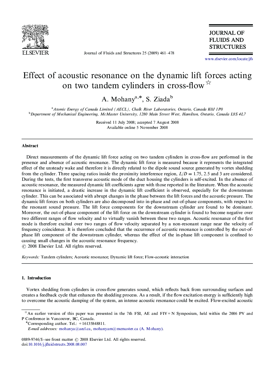 Effect of acoustic resonance on the dynamic lift forces acting on two tandem cylinders in cross-flow 