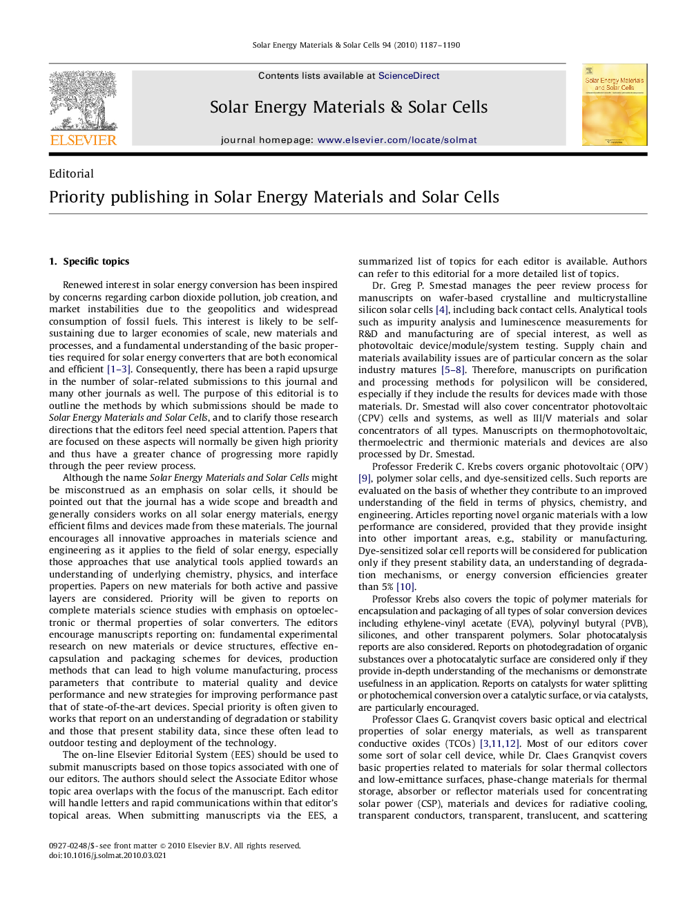 Priority publishing in Solar Energy Materials and Solar Cells