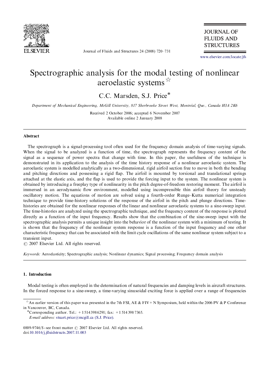 Spectrographic analysis for the modal testing of nonlinear aeroelastic systems 