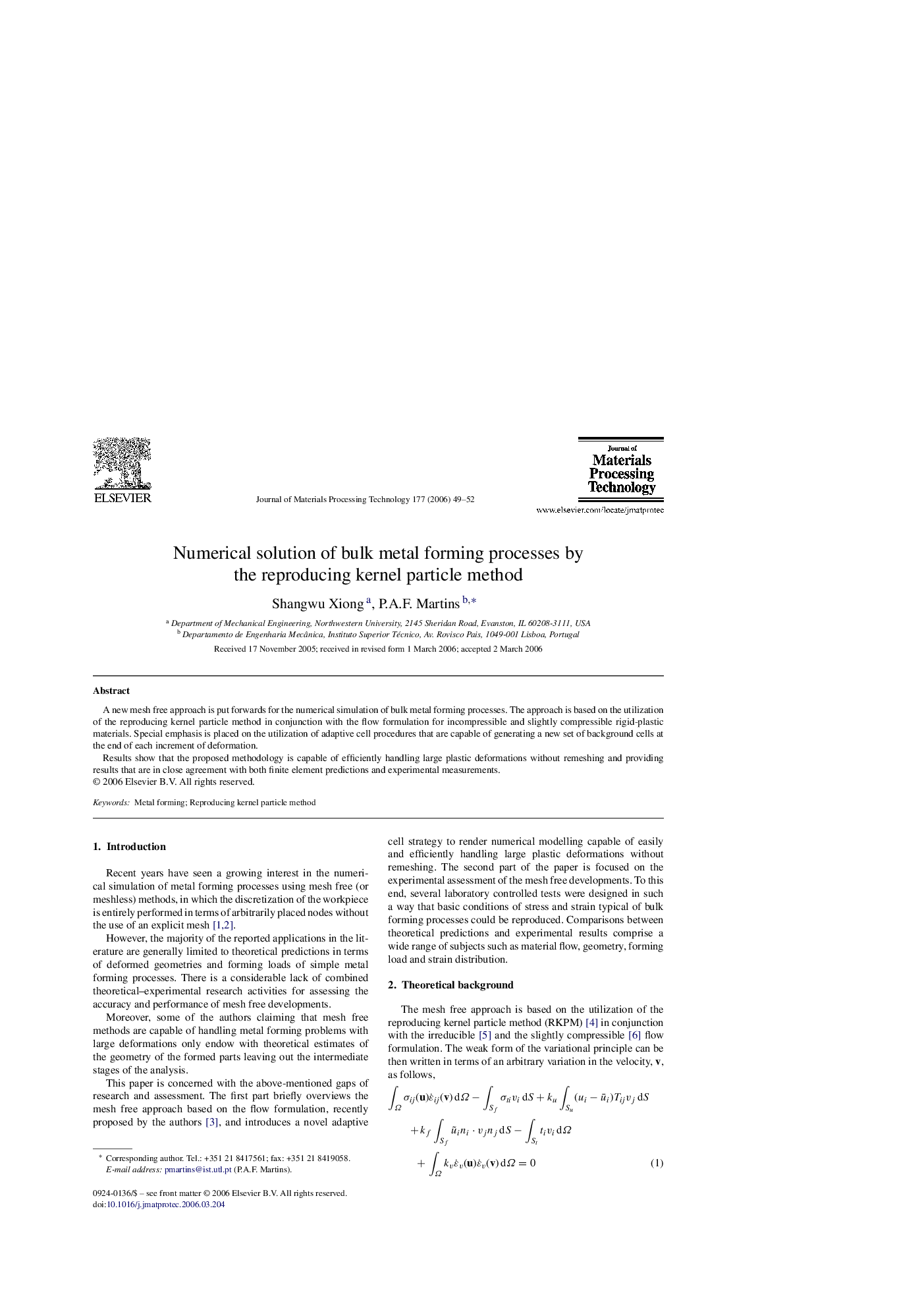 Numerical solution of bulk metal forming processes by the reproducing kernel particle method