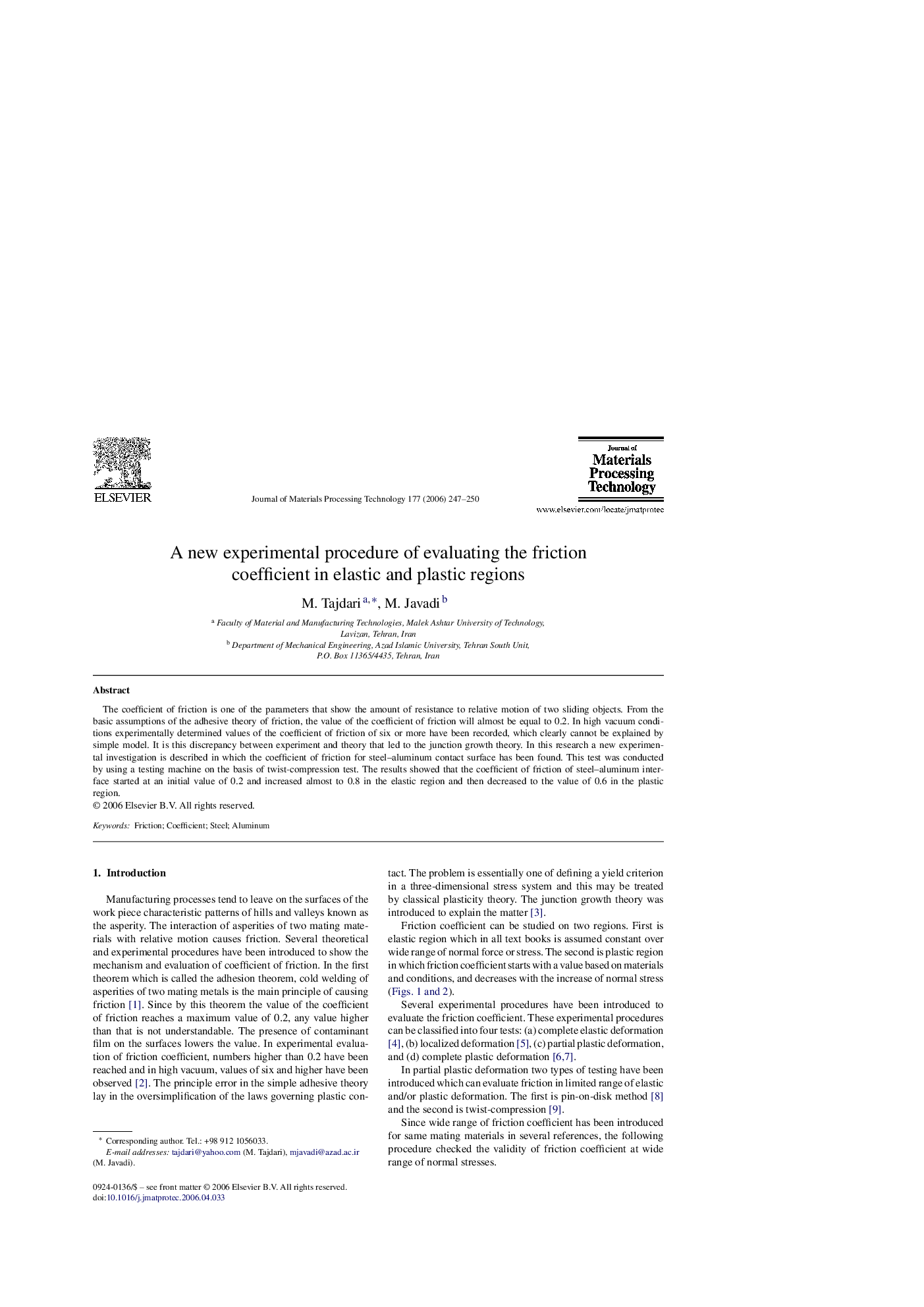 A new experimental procedure of evaluating the friction coefficient in elastic and plastic regions