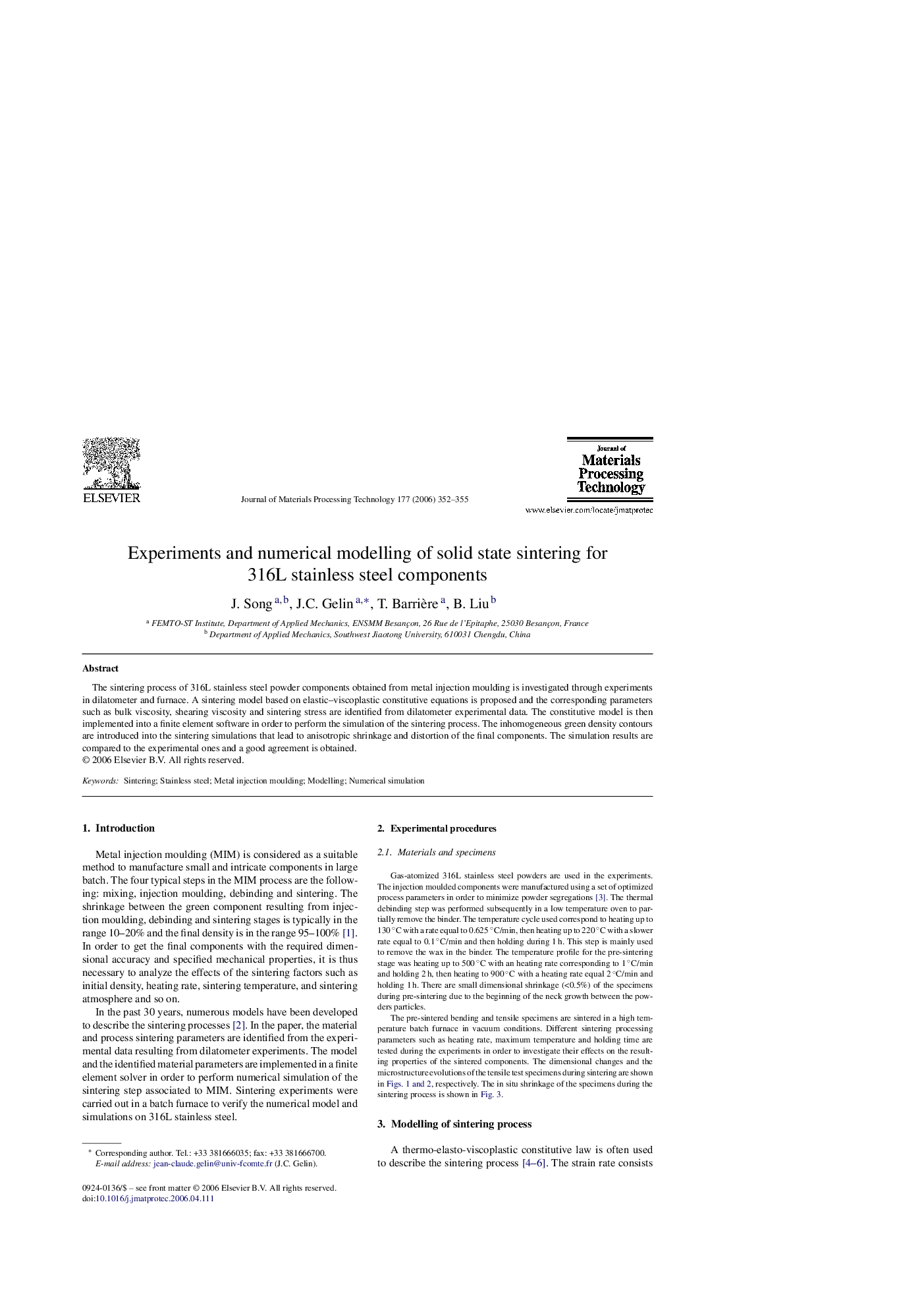 Experiments and numerical modelling of solid state sintering for 316L stainless steel components