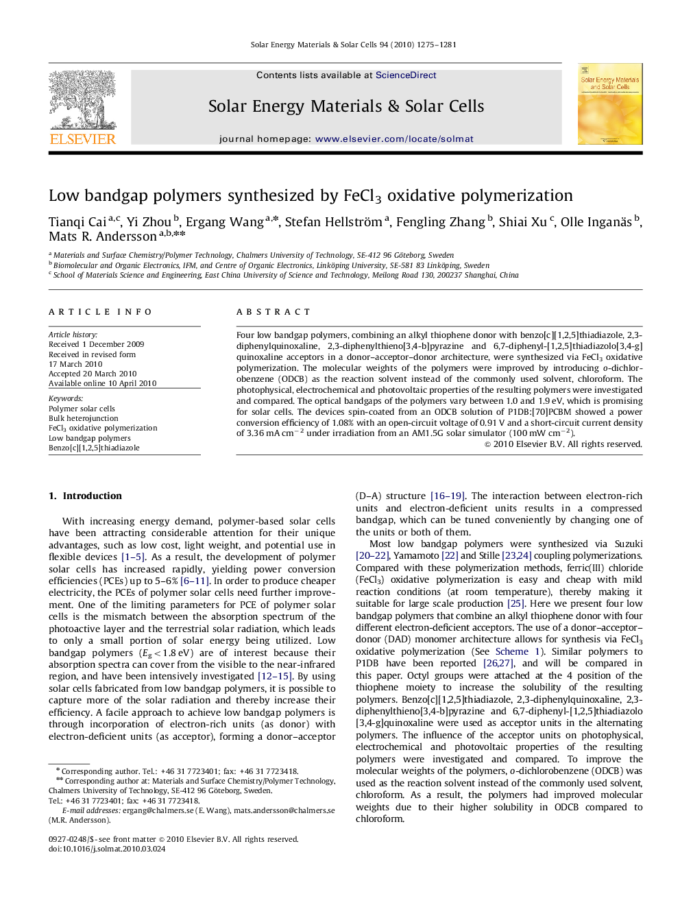 Low bandgap polymers synthesized by FeCl3 oxidative polymerization