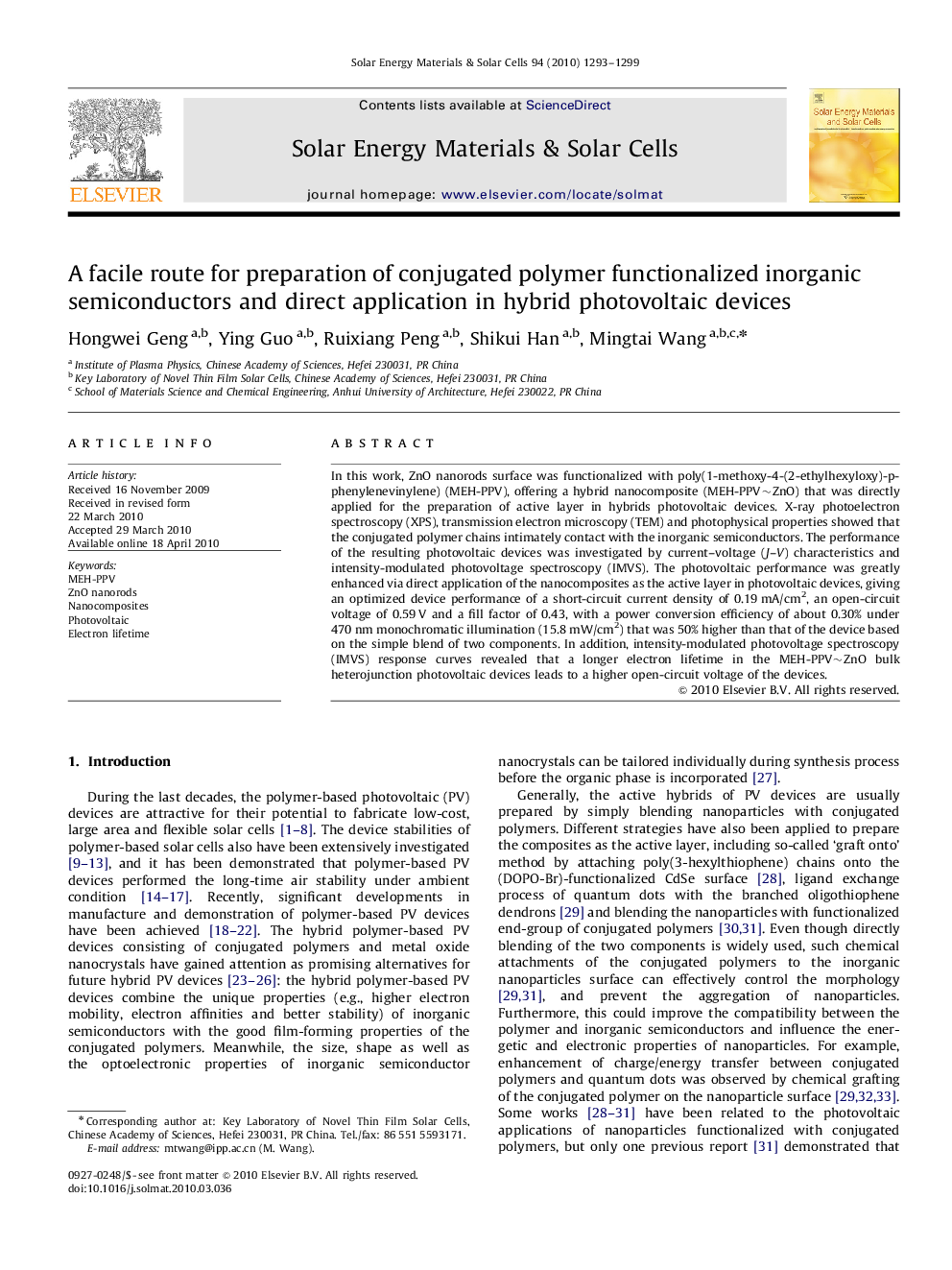 A facile route for preparation of conjugated polymer functionalized inorganic semiconductors and direct application in hybrid photovoltaic devices