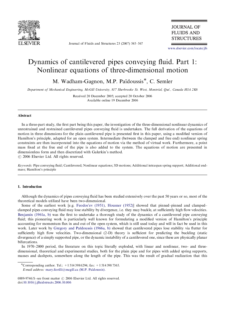 Dynamics of cantilevered pipes conveying fluid. Part 1: Nonlinear equations of three-dimensional motion