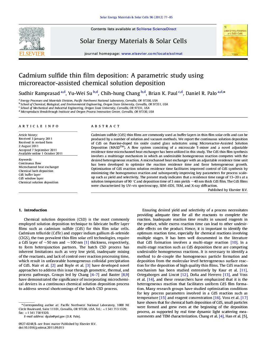 Cadmium sulfide thin film deposition: A parametric study using microreactor-assisted chemical solution deposition