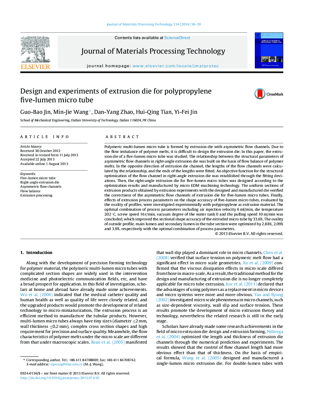 Design and experiments of extrusion die for polypropylene five-lumen micro tube