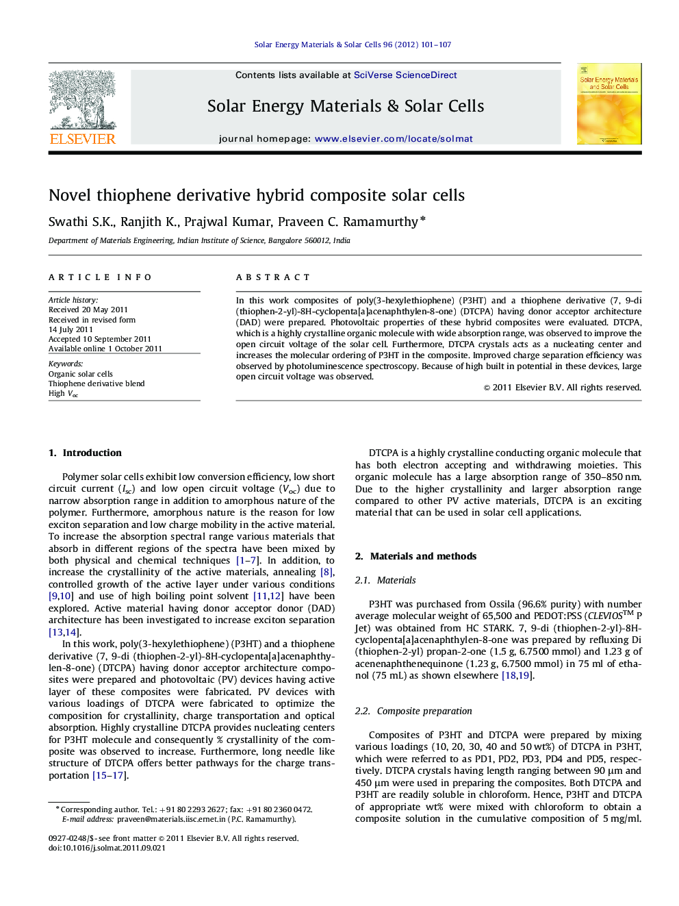 Novel thiophene derivative hybrid composite solar cells