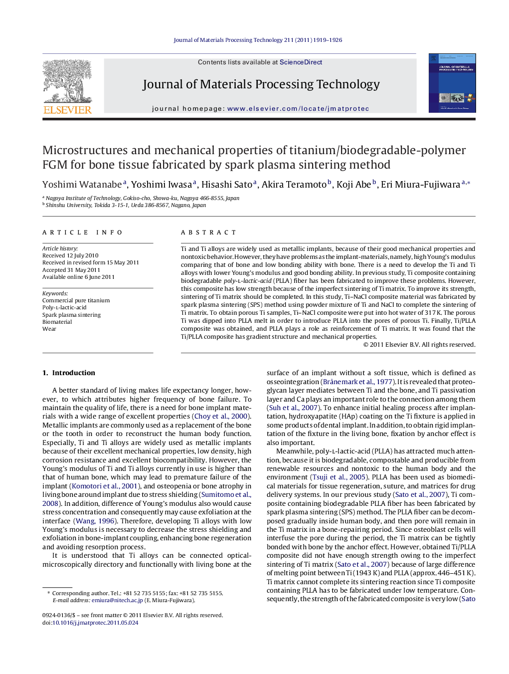 Microstructures and mechanical properties of titanium/biodegradable-polymer FGM for bone tissue fabricated by spark plasma sintering method