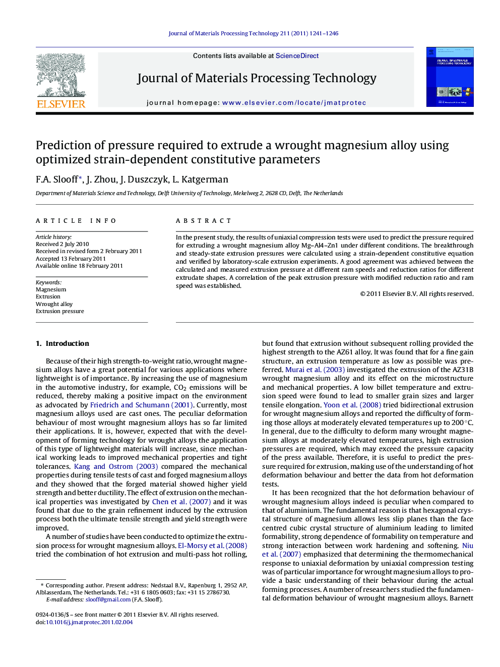 Prediction of pressure required to extrude a wrought magnesium alloy using optimized strain-dependent constitutive parameters