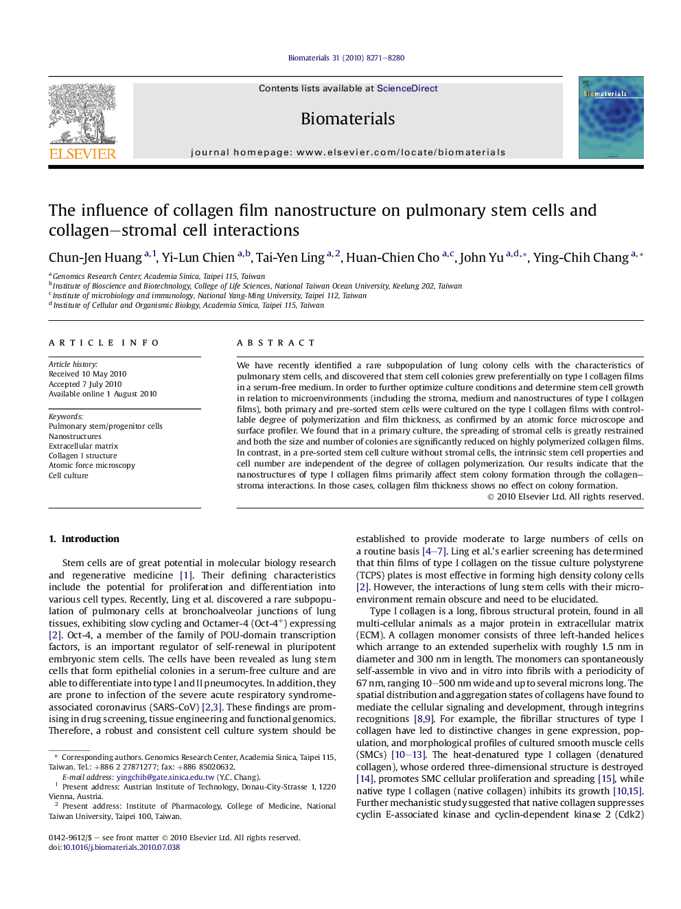 The influence of collagen film nanostructure on pulmonary stem cells and collagen–stromal cell interactions