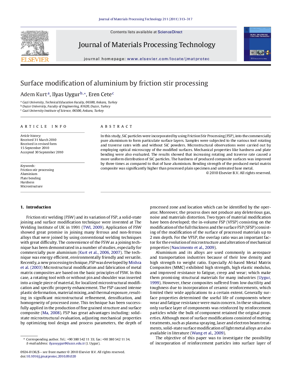 Surface modification of aluminium by friction stir processing