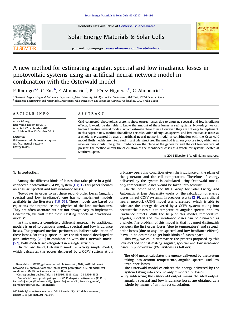 A new method for estimating angular, spectral and low irradiance losses in photovoltaic systems using an artificial neural network model in combination with the Osterwald model