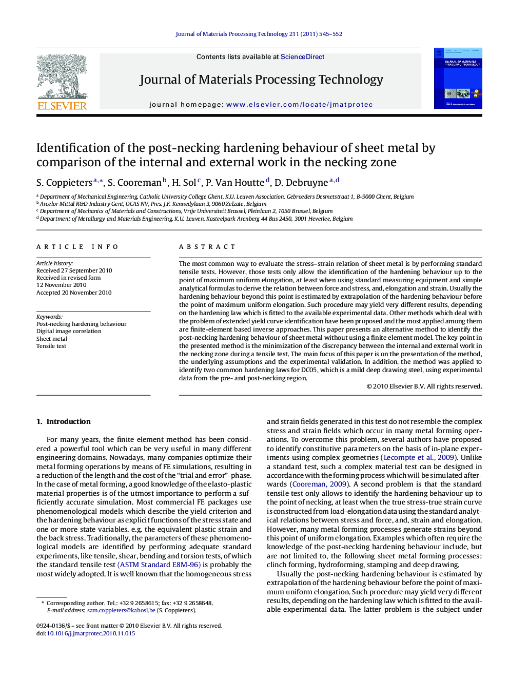 Identification of the post-necking hardening behaviour of sheet metal by comparison of the internal and external work in the necking zone