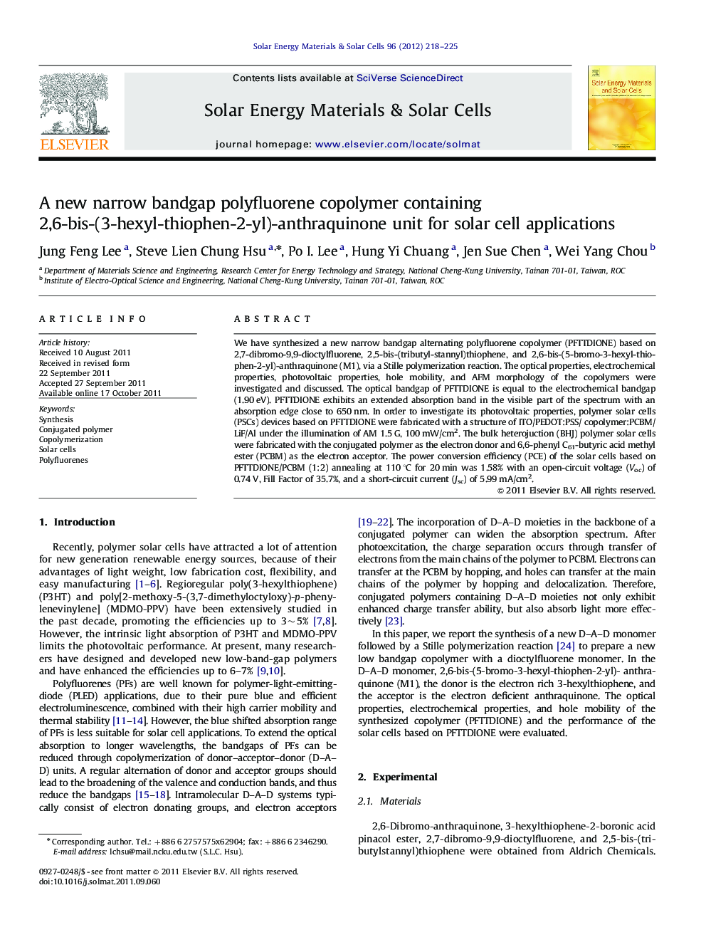 A new narrow bandgap polyfluorene copolymer containing 2,6-bis-(3-hexyl-thiophen-2-yl)-anthraquinone unit for solar cell applications