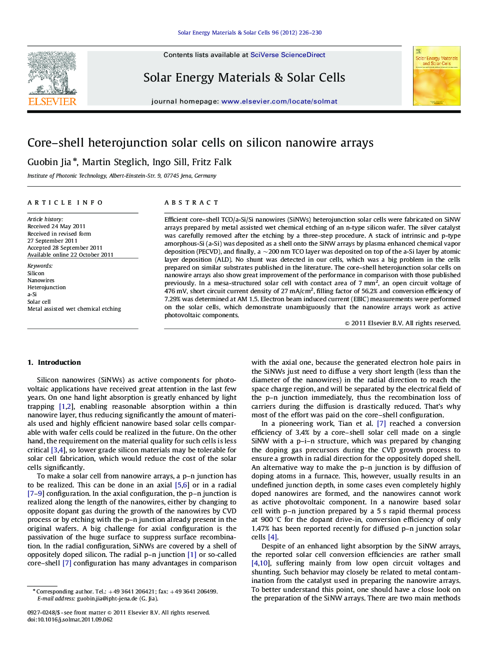 Core–shell heterojunction solar cells on silicon nanowire arrays