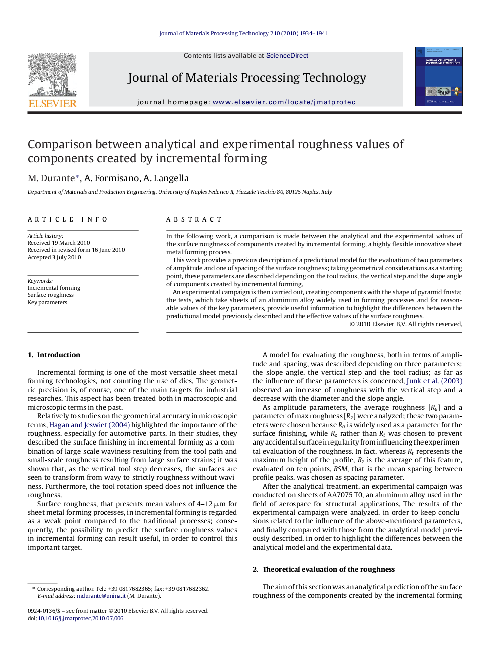 Comparison between analytical and experimental roughness values of components created by incremental forming