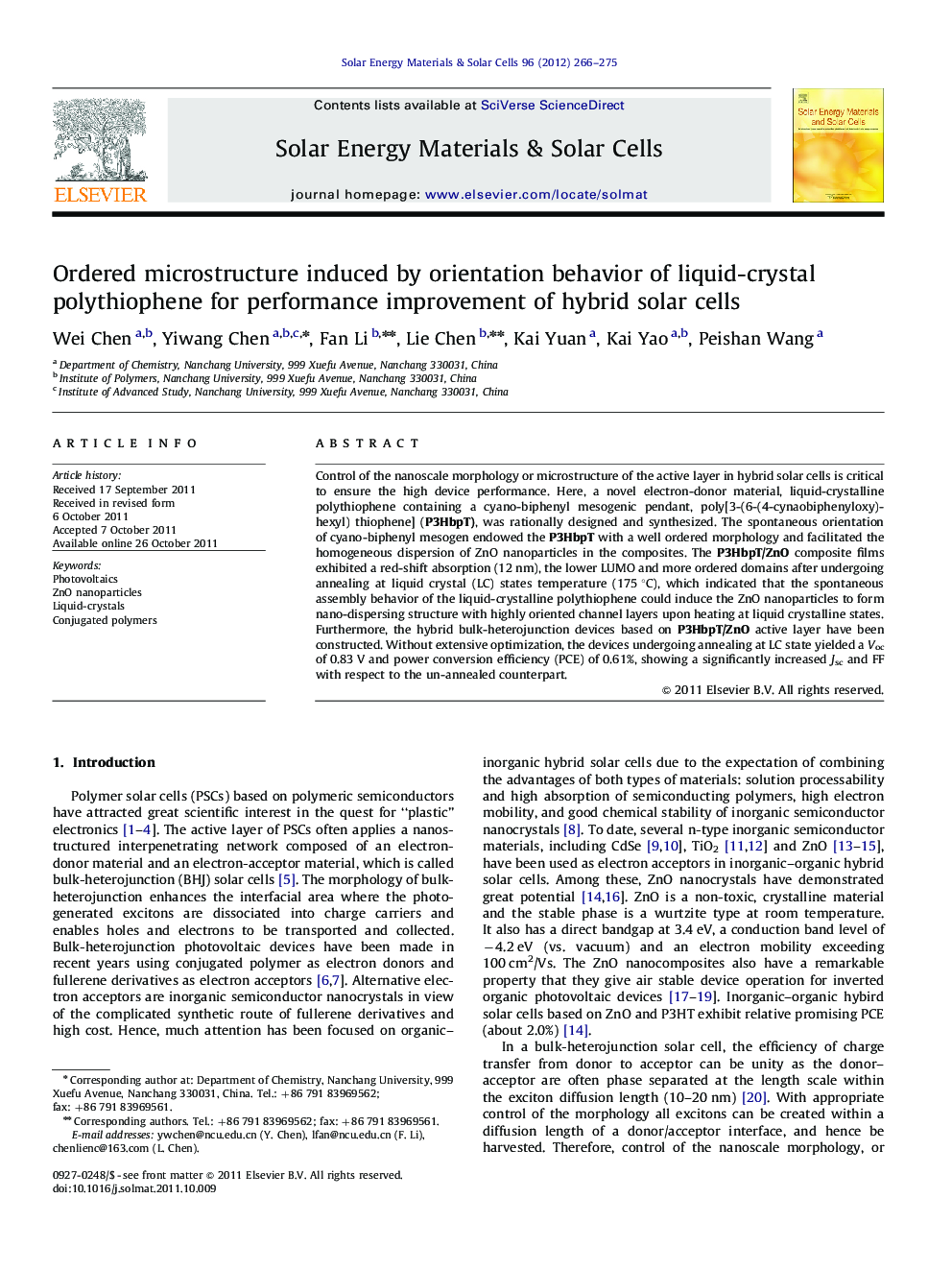 Ordered microstructure induced by orientation behavior of liquid-crystal polythiophene for performance improvement of hybrid solar cells