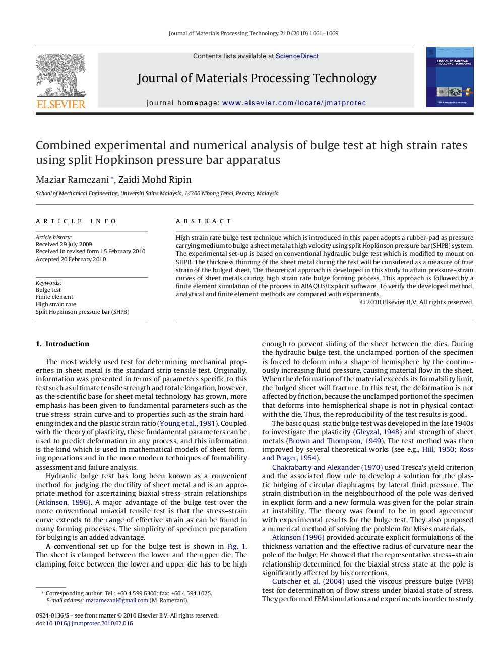 Combined experimental and numerical analysis of bulge test at high strain rates using split Hopkinson pressure bar apparatus