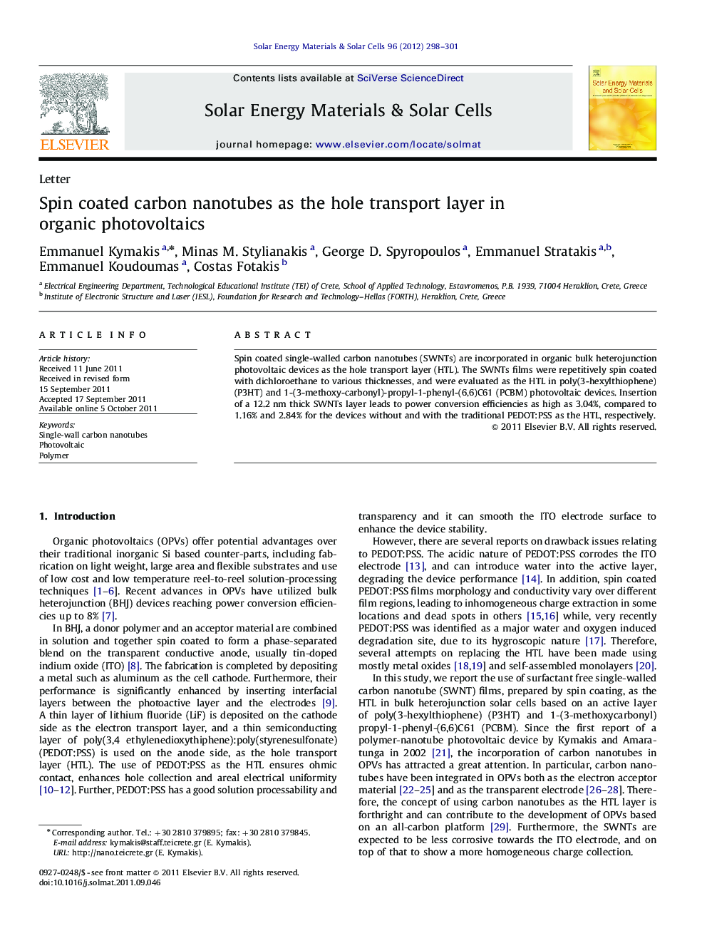 Spin coated carbon nanotubes as the hole transport layer in organic photovoltaics