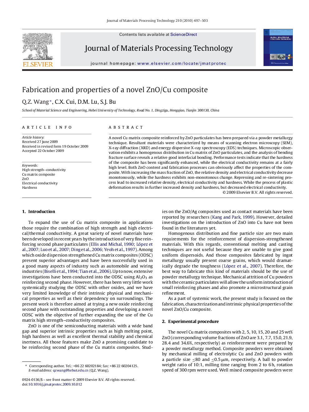 Fabrication and properties of a novel ZnO/Cu composite