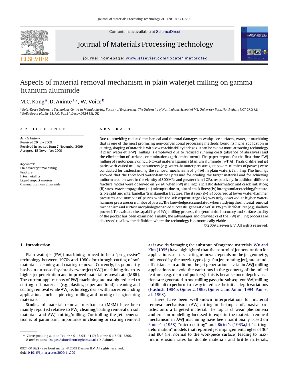 Aspects of material removal mechanism in plain waterjet milling on gamma titanium aluminide