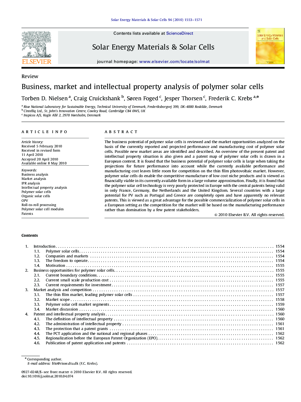 Business, market and intellectual property analysis of polymer solar cells