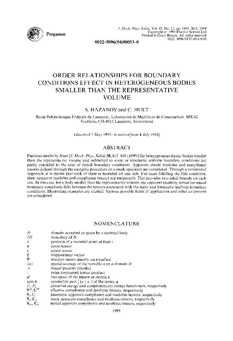 Order relationships for boundary conditions effect in heterogeneous bodies smaller than the representative volume