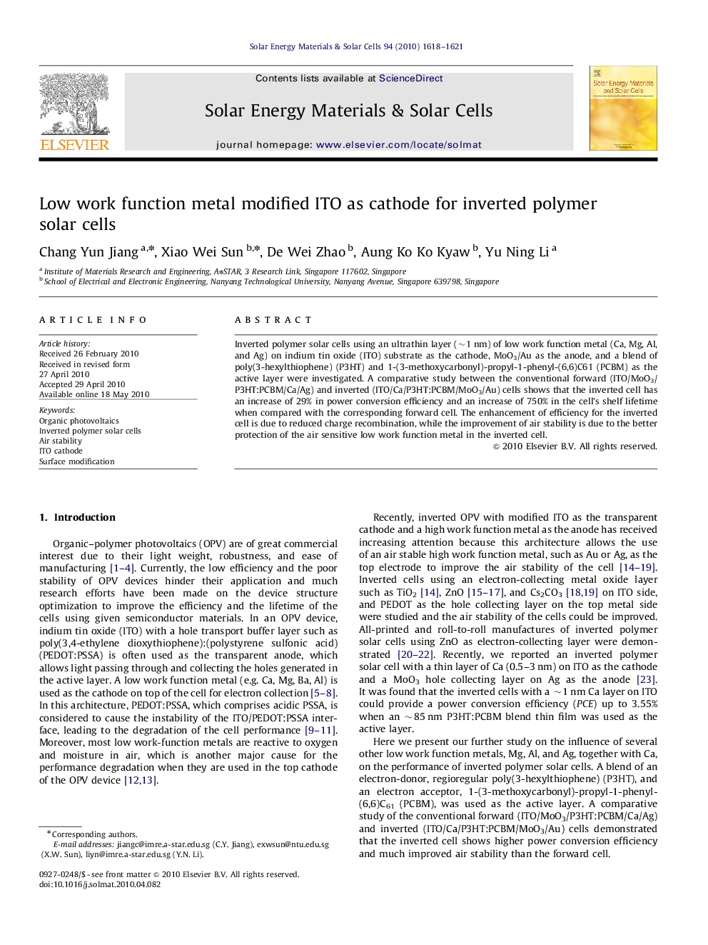 Low work function metal modified ITO as cathode for inverted polymer solar cells