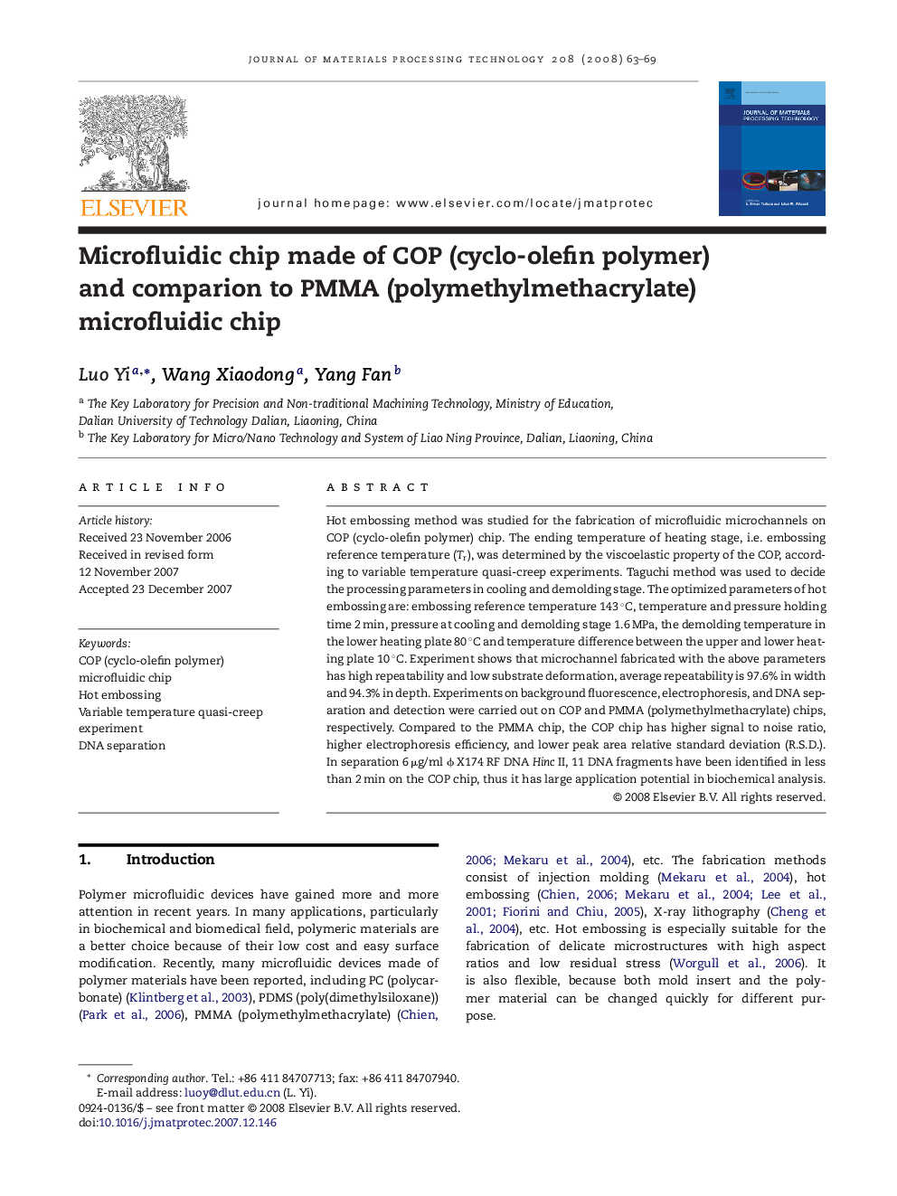 Microfluidic chip made of COP (cyclo-olefin polymer) and comparion to PMMA (polymethylmethacrylate) microfluidic chip