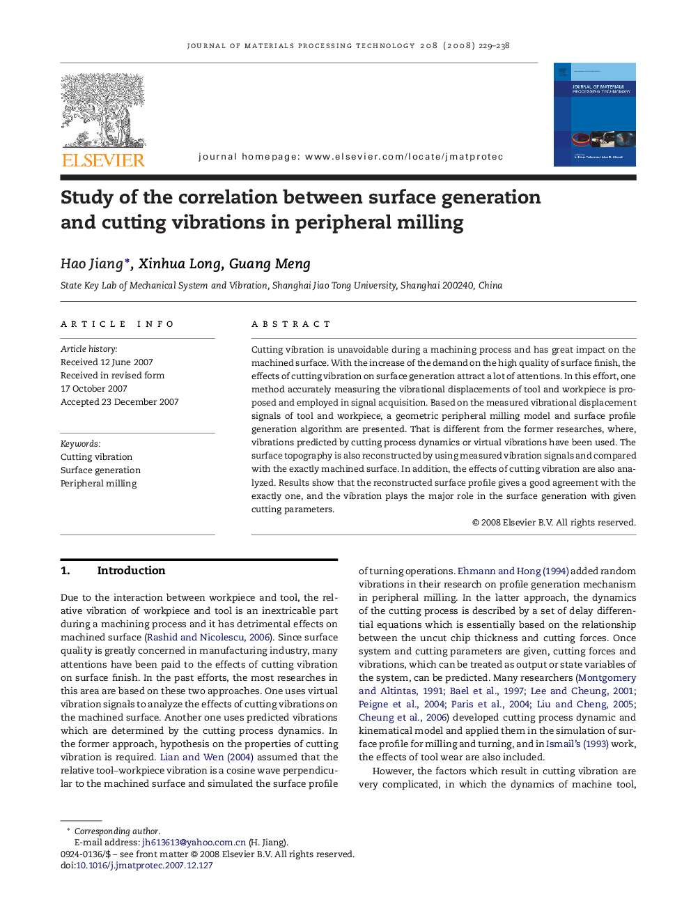 Study of the correlation between surface generation and cutting vibrations in peripheral milling