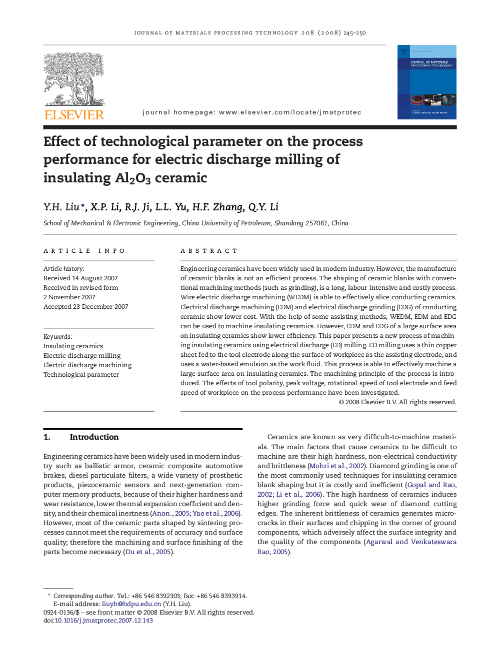 Effect of technological parameter on the process performance for electric discharge milling of insulating Al2O3 ceramic