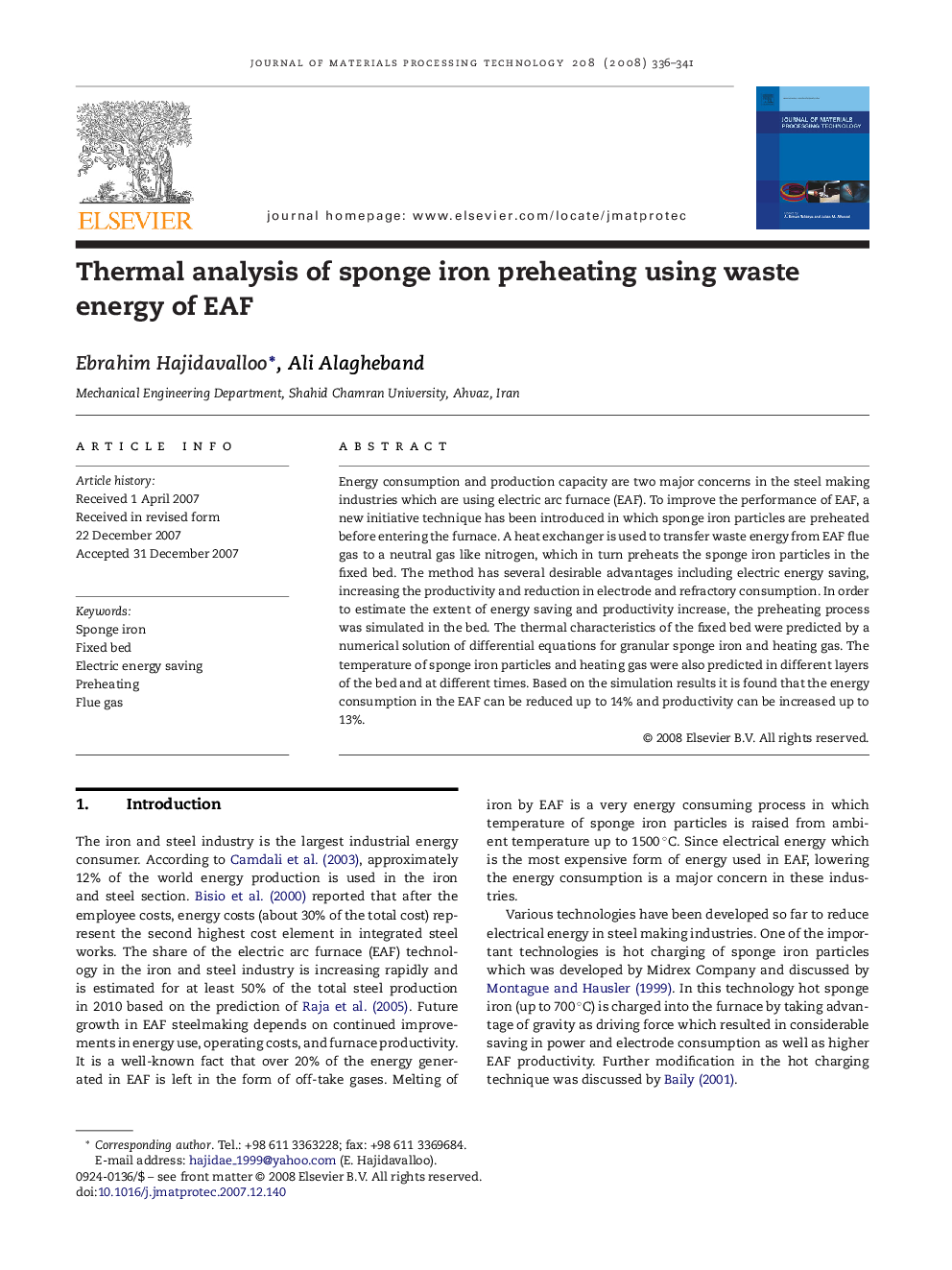 Thermal analysis of sponge iron preheating using waste energy of EAF