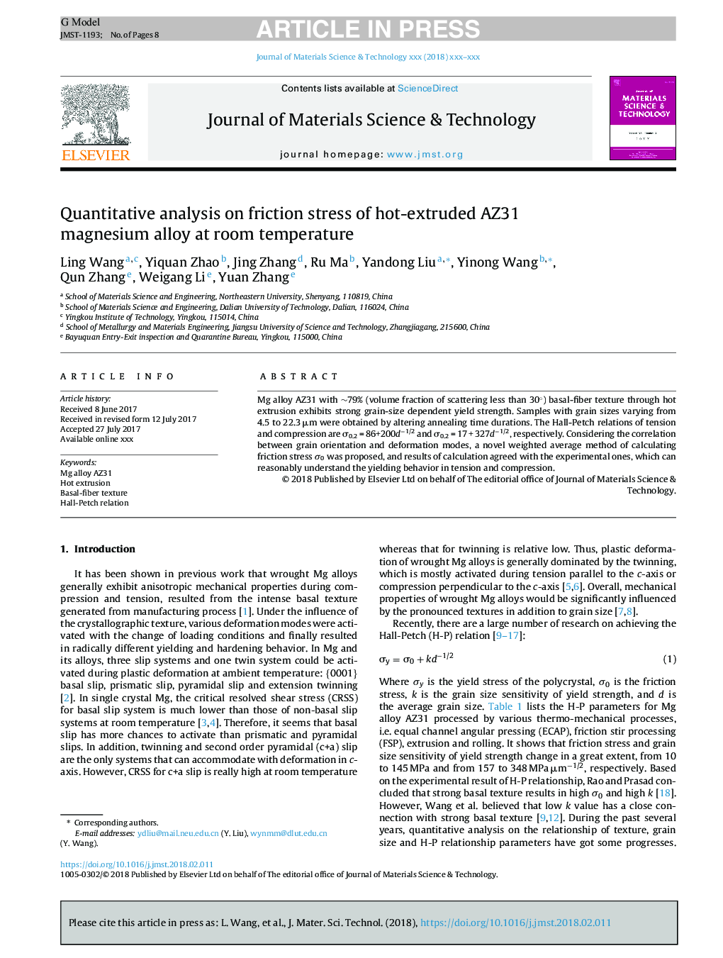 Quantitative analysis on friction stress of hot-extruded AZ31 magnesium alloy at room temperature