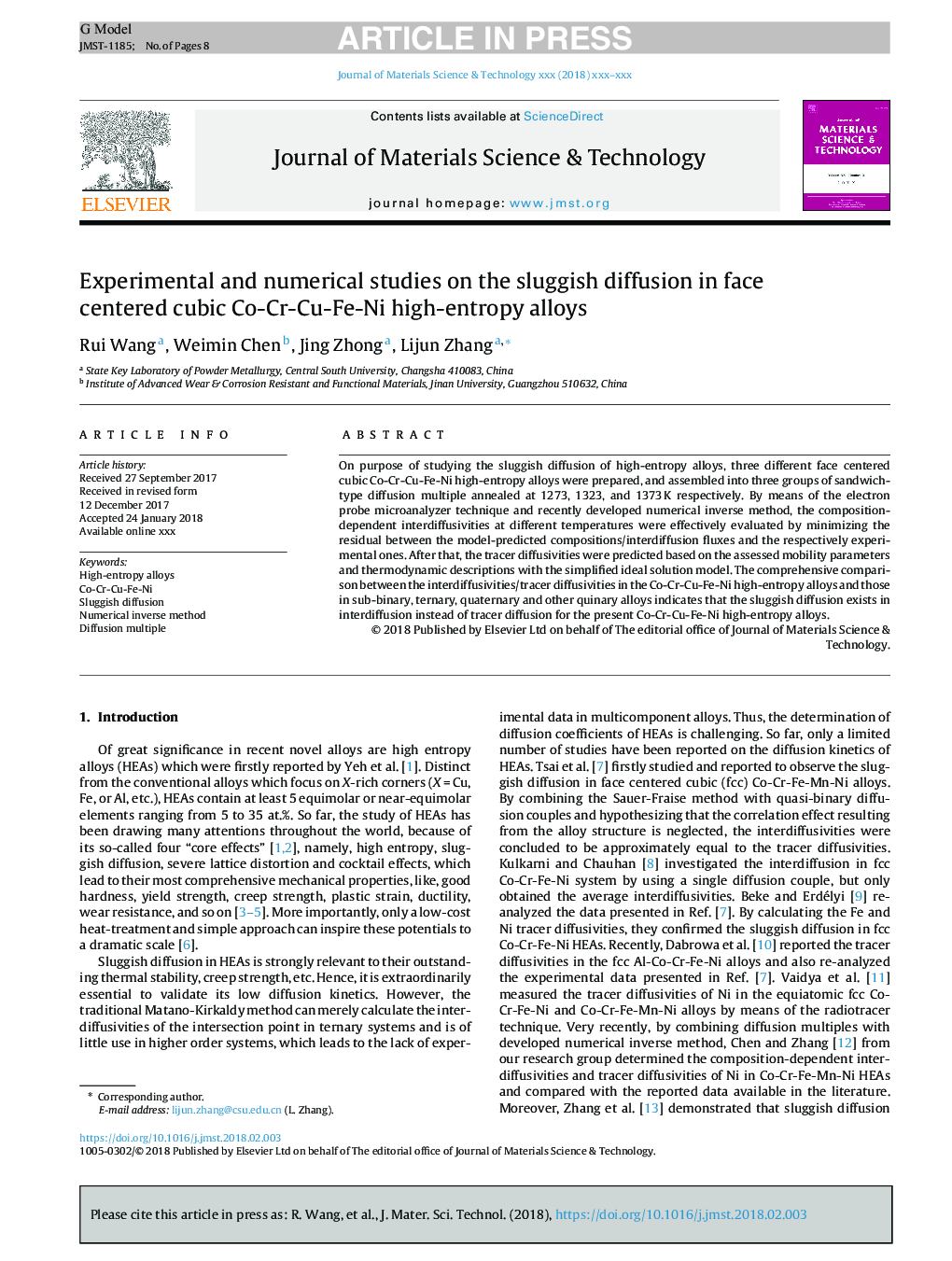 Experimental and numerical studies on the sluggish diffusion in face centered cubic Co-Cr-Cu-Fe-Ni high-entropy alloys