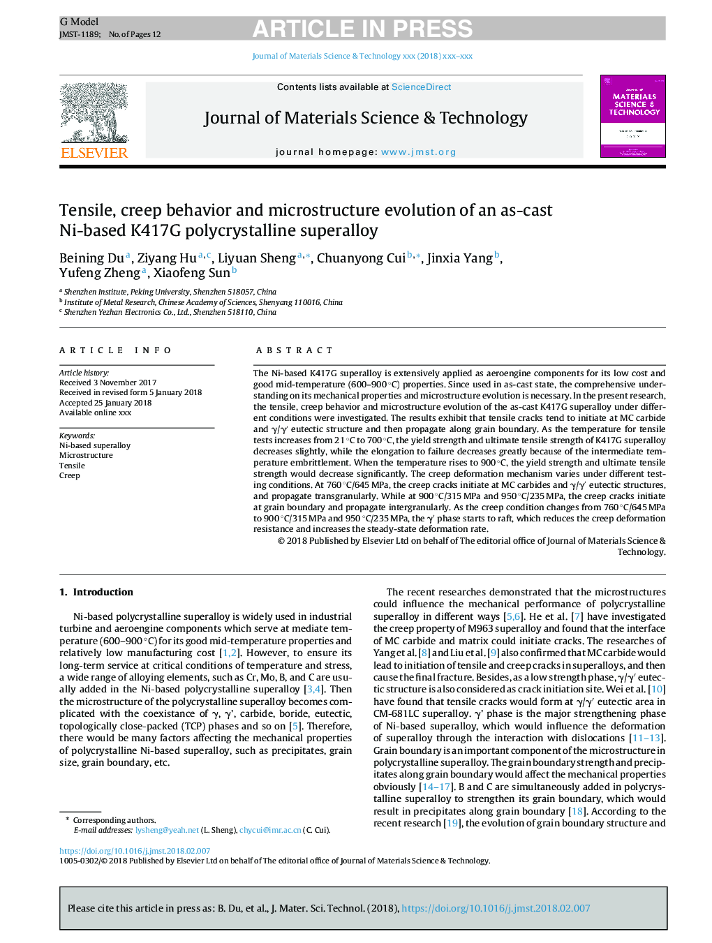 Tensile, creep behavior and microstructure evolution of an as-cast Ni-based K417G polycrystalline superalloy