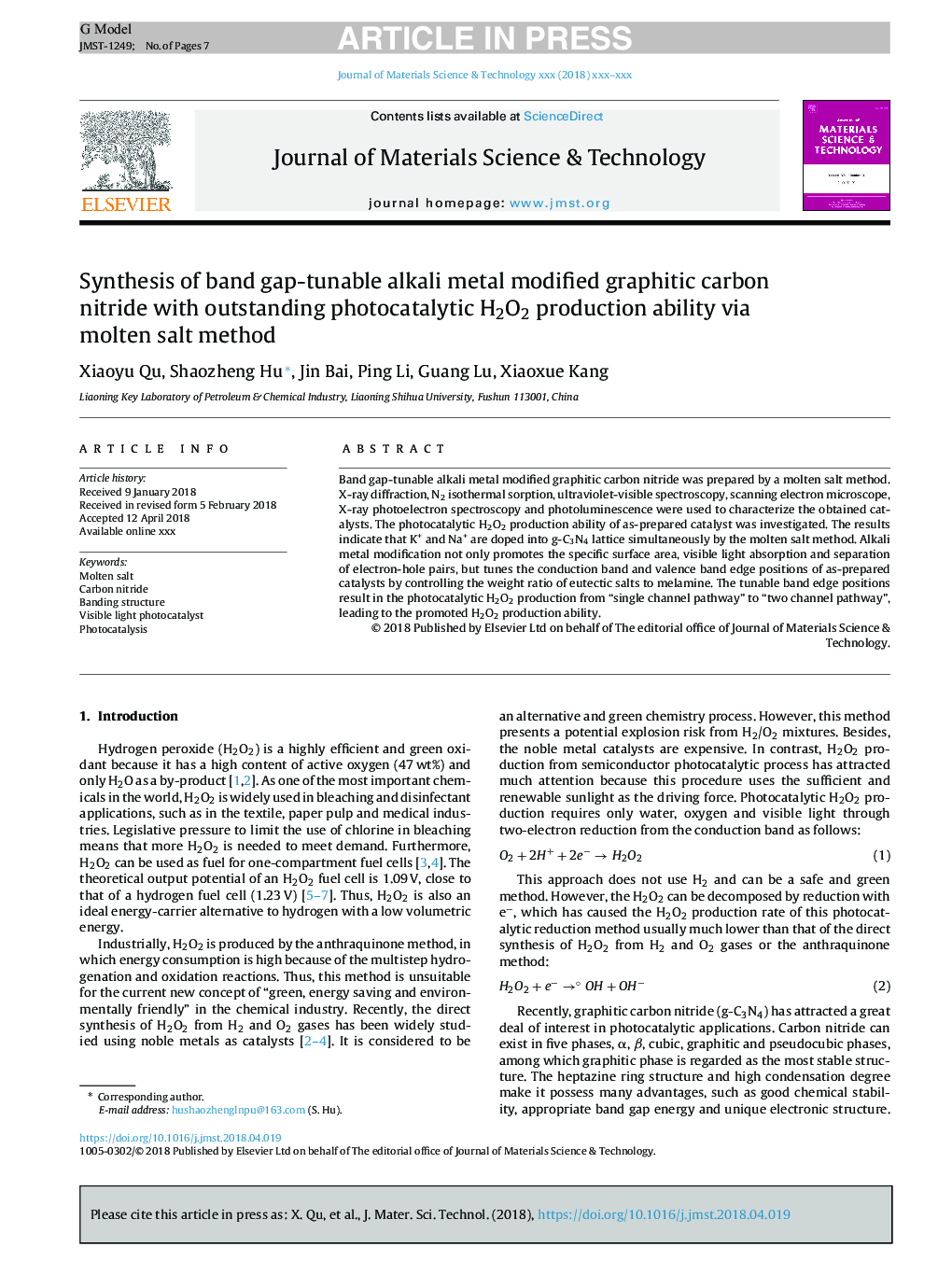 Synthesis of band gap-tunable alkali metal modified graphitic carbon nitride with outstanding photocatalytic H2O2 production ability via molten salt method