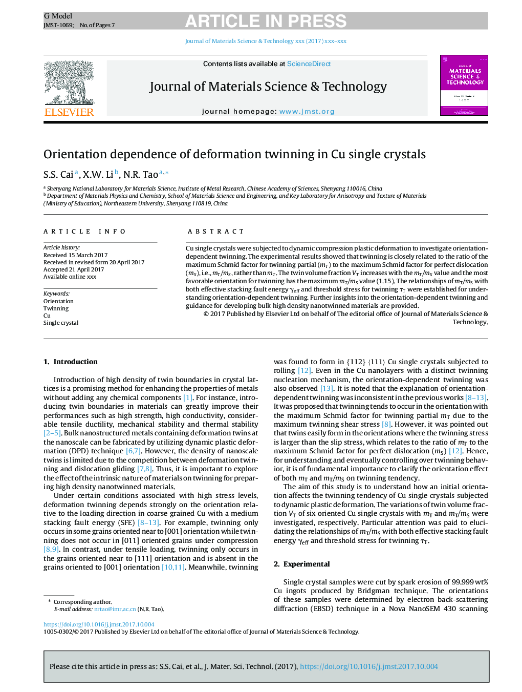 Orientation dependence of deformation twinning in Cu single crystals