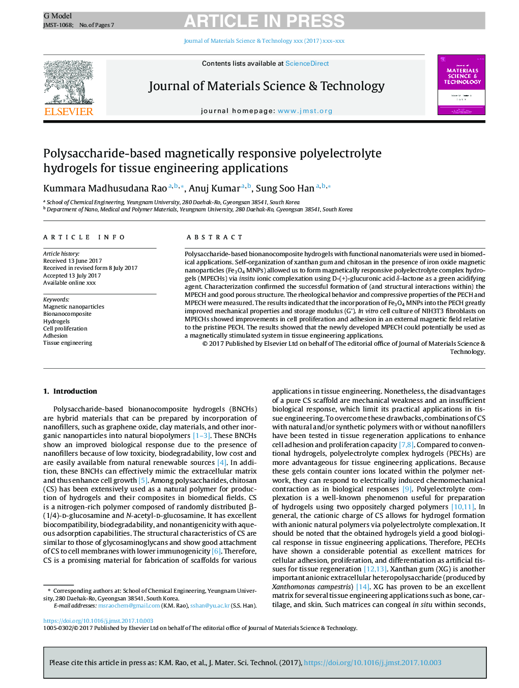 Polysaccharide-based magnetically responsive polyelectrolyte hydrogels for tissue engineering applications