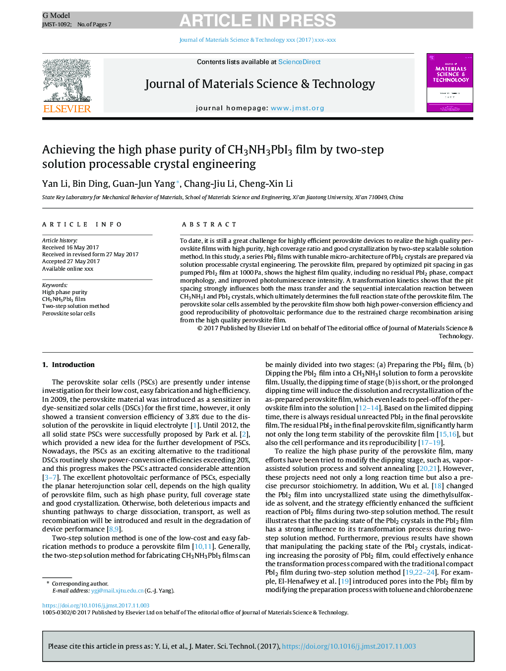 Achieving the high phase purity of CH3NH3PbI3 film by two-step solution processable crystal engineering