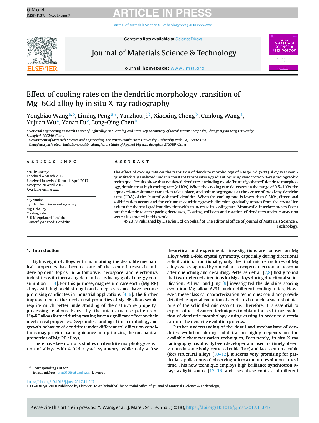 Effect of cooling rates on the dendritic morphology transition of Mg-6Gd alloy by in situ X-ray radiography