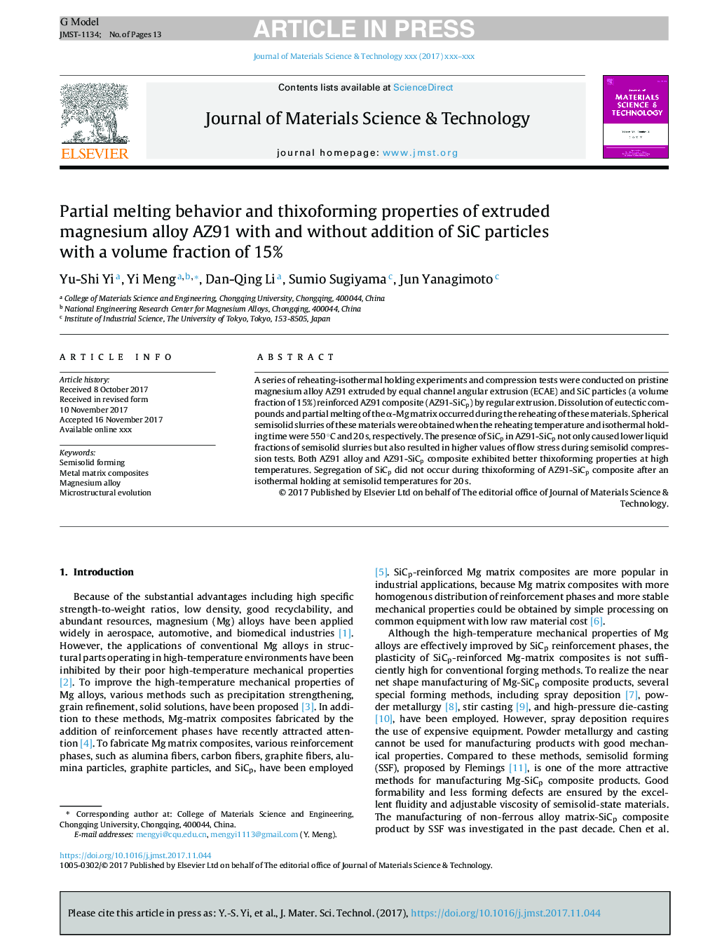 Partial melting behavior and thixoforming properties of extruded magnesium alloy AZ91 with and without addition of SiC particles with a volume fraction of 15%