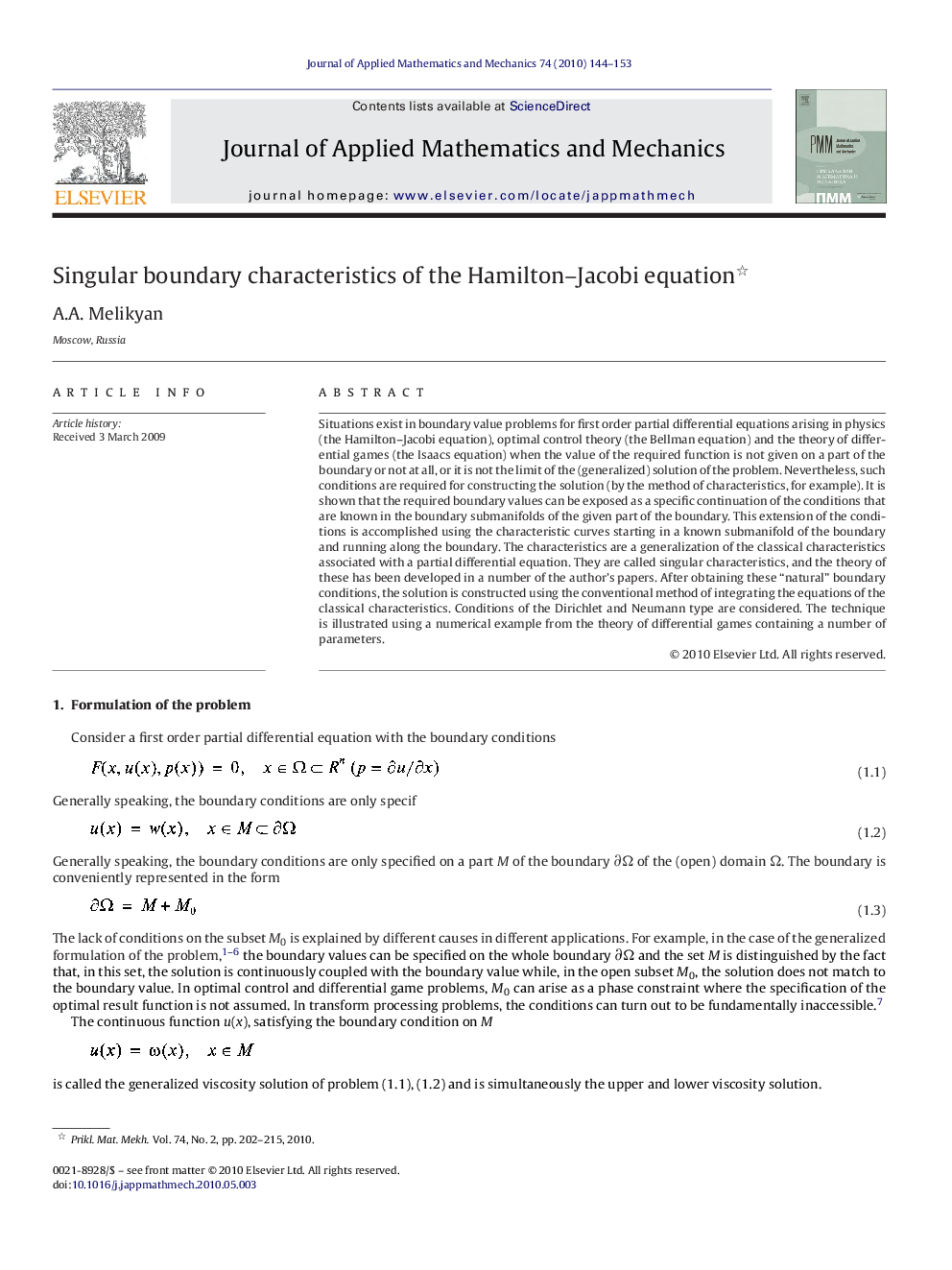 عکس صفحه اول مقاله: Singular boundary characteristics of the Hamilton–Jacobi equation Singular boundary characteristics of the Hamilton–Jacobi equation