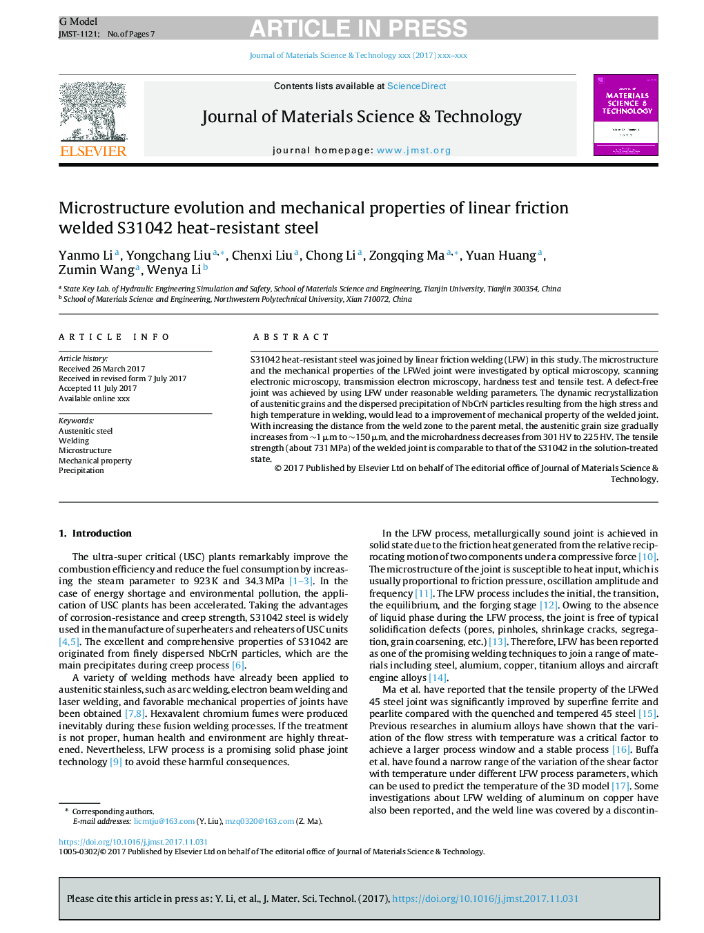 Microstructure evolution and mechanical properties of linear friction welded S31042 heat-resistant steel