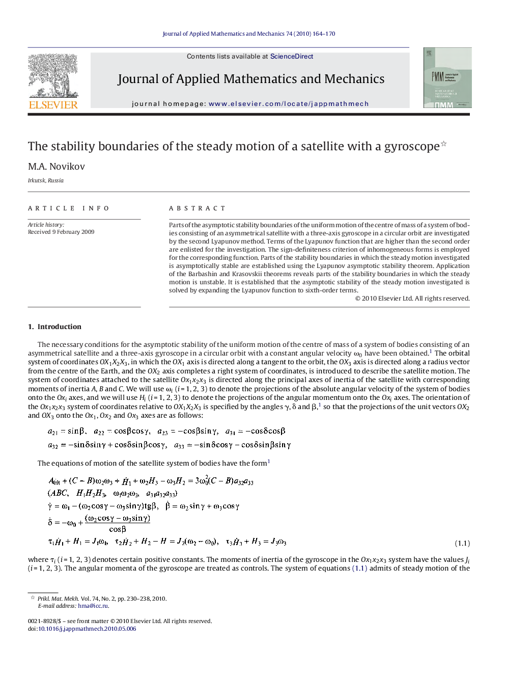 عکس صفحه اول مقاله: The stability boundaries of the steady motion of a satellite with a gyroscope The stability boundaries of the steady motion of a satellite with a gyroscope