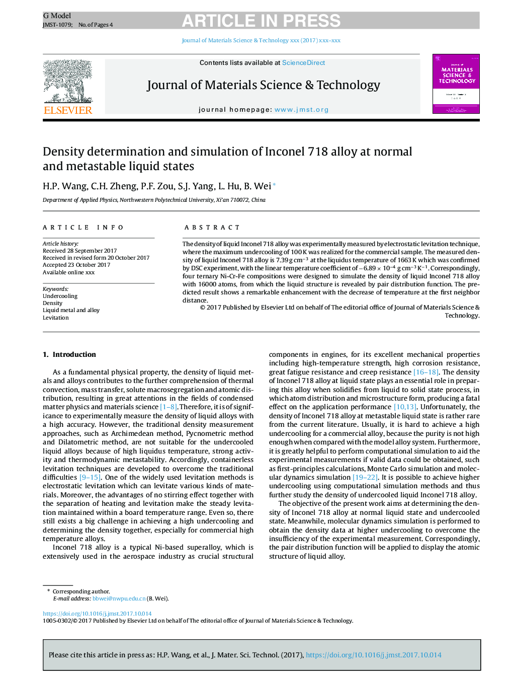 Density determination and simulation of Inconel 718 alloy at normal and metastable liquid states